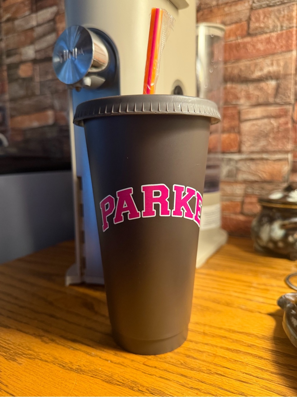 PARKE/Dunkin’ Matte Brown Reusable Cold Cup with Pink and white Logo and Straw